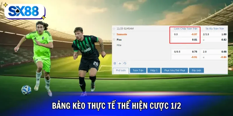 Bảng kèo thực tế thể hiện cược 1/2